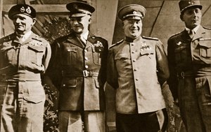 Mariscal de Campo Montgomery, General Eisenhower, Mariscal Zhukov y General de Lattre de Tassigny, Berlín, 5 de junio de 1945